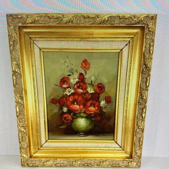 Poppies & Daisies Oil Painting Still Life In Gold Ornate Frame Vintage
